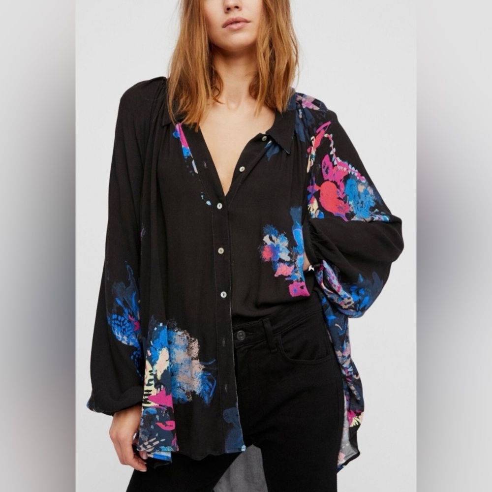 Free People Black Button-Down Shirt with Blue and Pink Floral Print